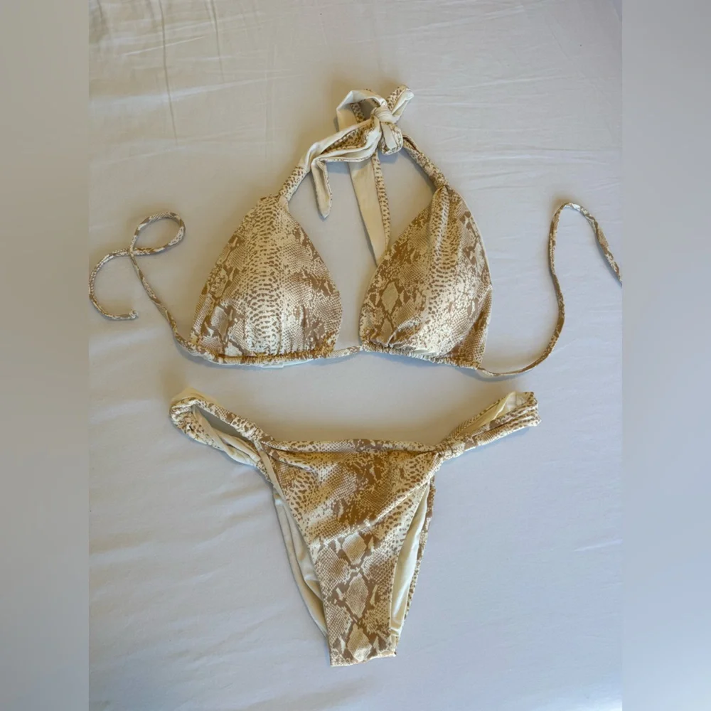 Monday Swimwear Beige Snake Print Triangle Bikini